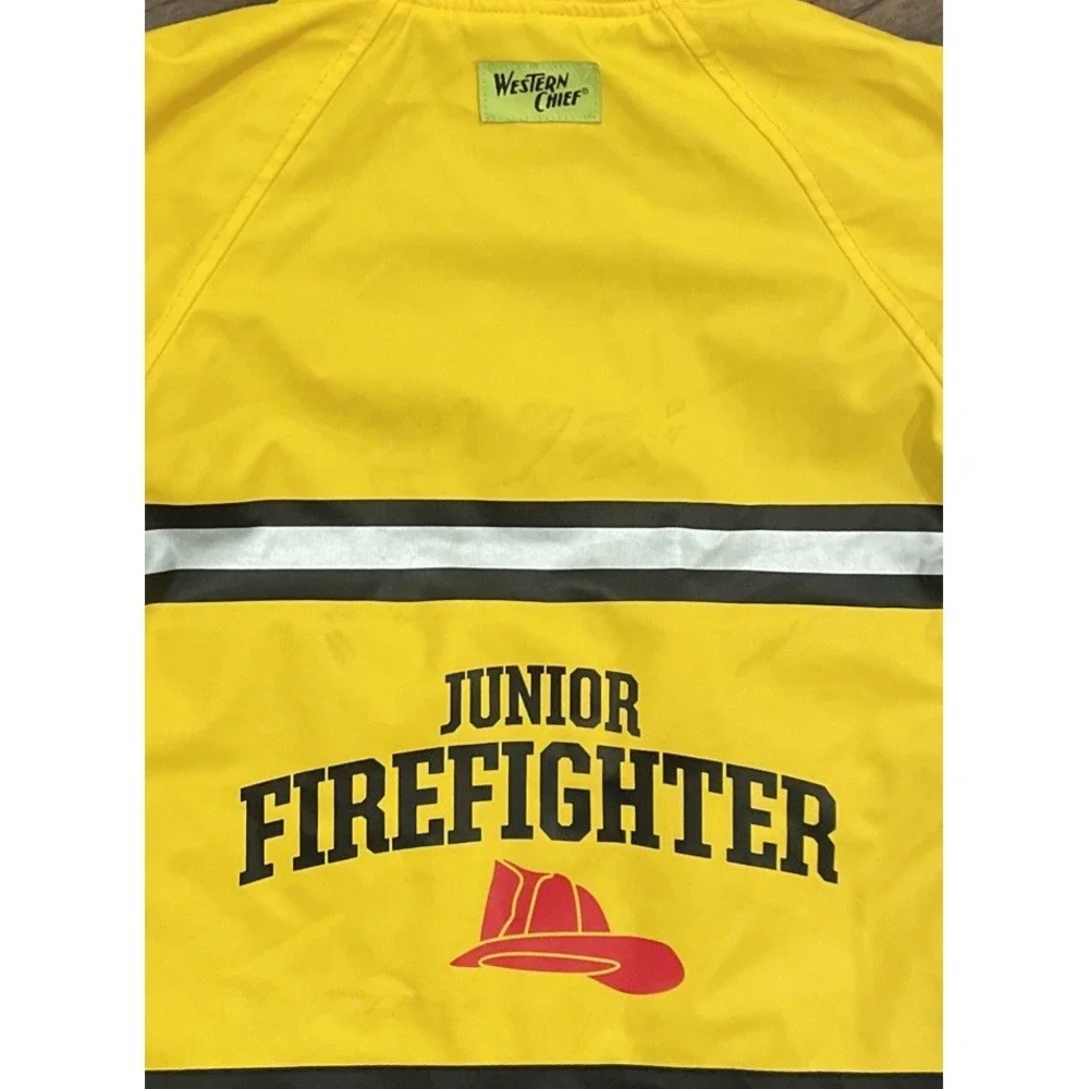 WESTERN CHIEF Fireman Hooded Raincoat Fleece Lined Jacket Yellow Reflective 3T‎